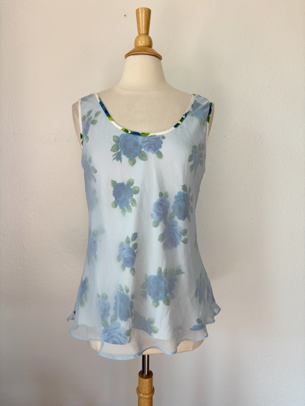 Vintage 90s Blue & White Floral Chiffon Tank Top